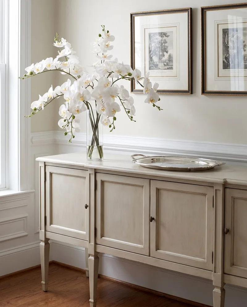 Grand Phalaenopsis silk orchid arrangement in White on a painted dining-room sideboard