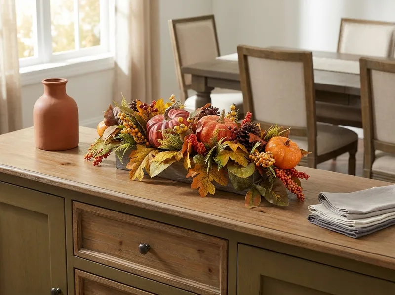 Pumpkins and berries silk autumn centerpiece on a sideboard