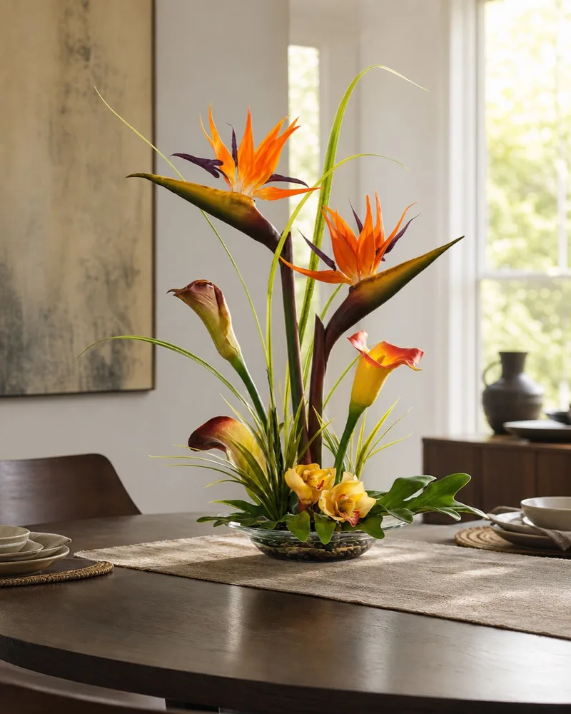 Bird of Paradise & Calla Lily centerpiece on a dining table