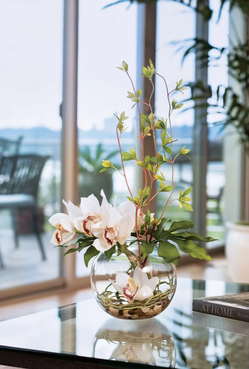 Cymbidium Orchid & Monstera Leaf silk arrangement, product dimensions