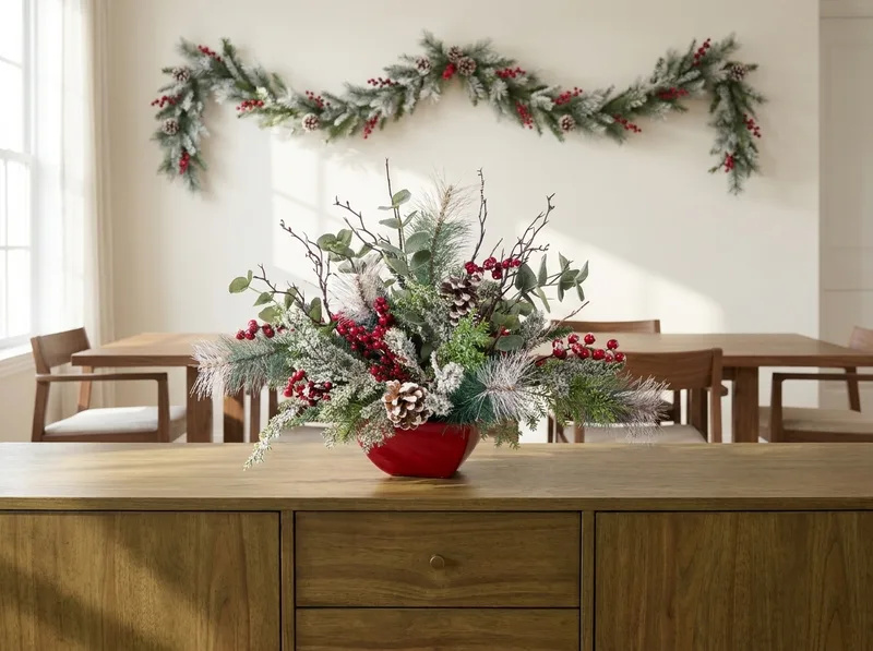 Winterberry Frost silk holiday centerpiece on a sideboard