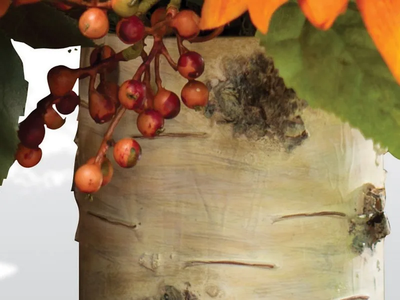 Close-up of the birch bark resin container showing bark texture and berry cluster