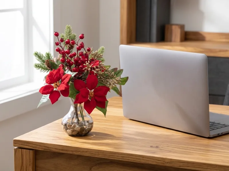 Poinsettia, pine and berry silk Christmas accent on a desk
