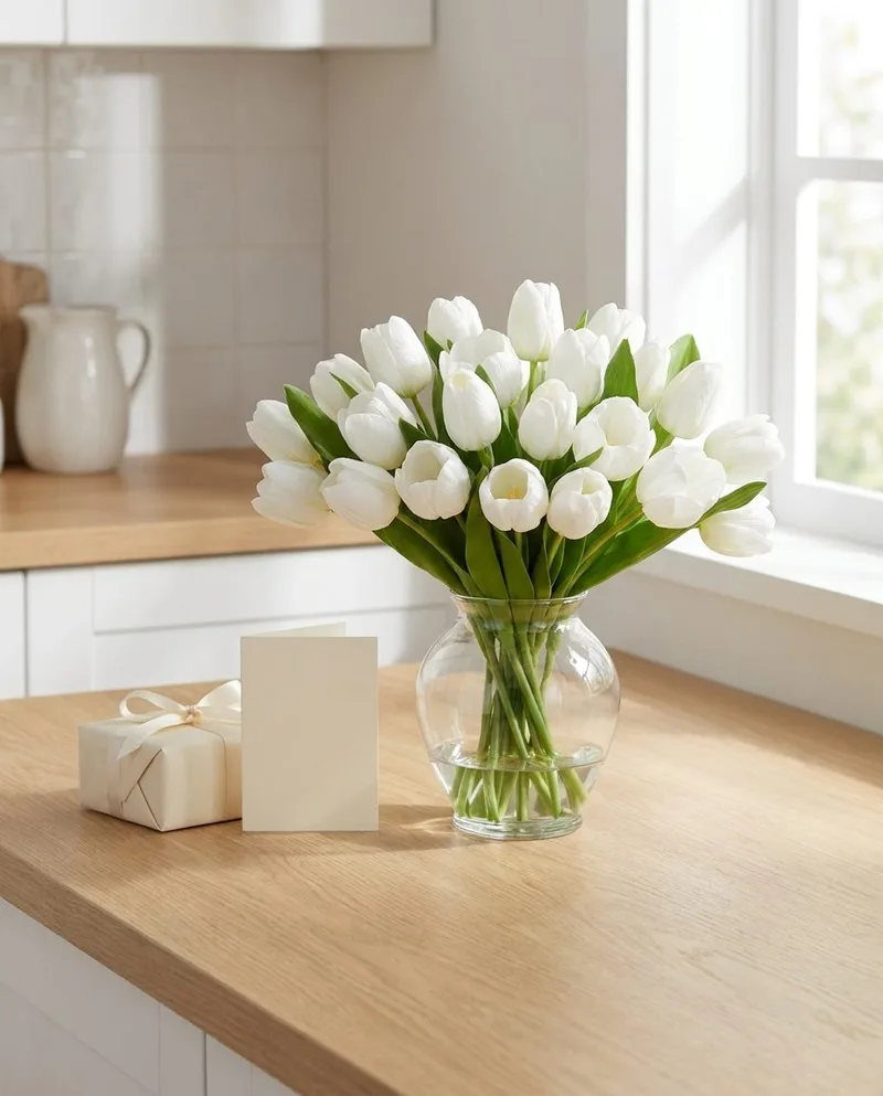 White Garden Tulip bouquet on a kitchen counter beside a wrapped gift and note card