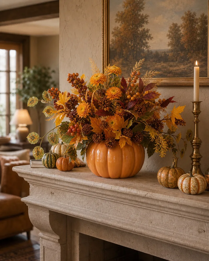 Pumpkin Harvest centerpiece on a mantel