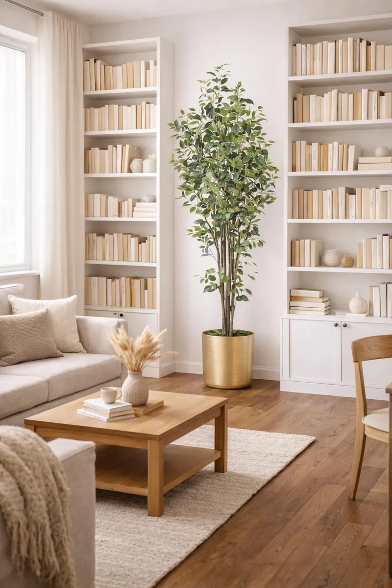Silk ficus in a bright bedroom corner