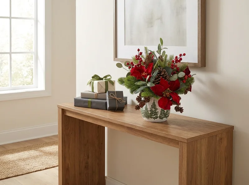 Plush velvet poinsettia silk Christmas bouquet on an entry console table