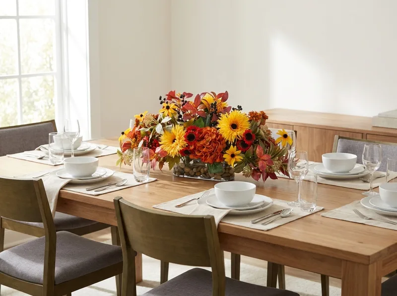 Hydrangea, zinnia and daisies silk centerpiece down the center of a long dining table