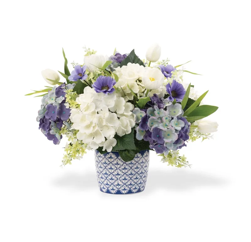 Blissful Blue and White silk flower centerpiece, product dimensions