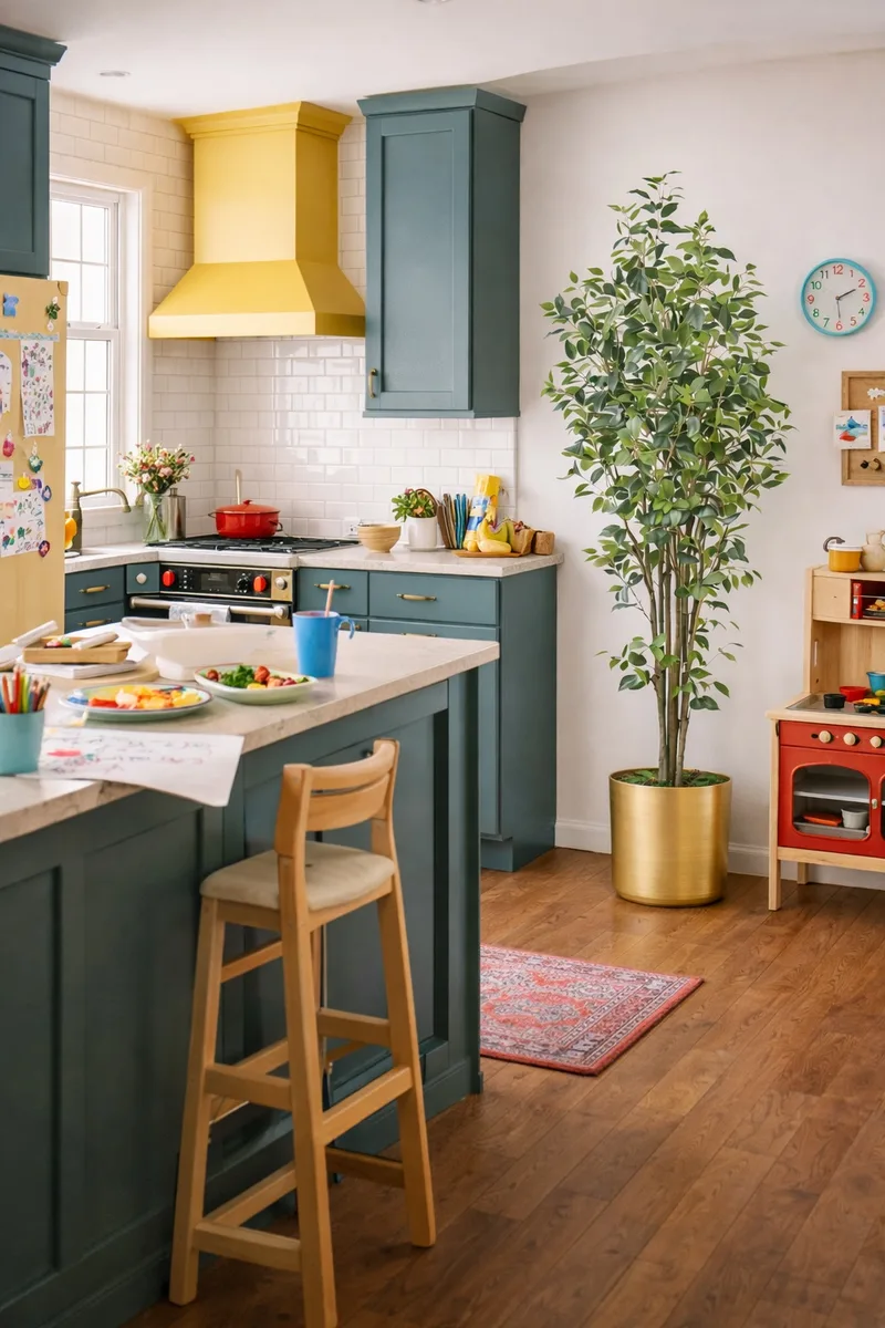 Ficus tree flanking a fireplace mantel