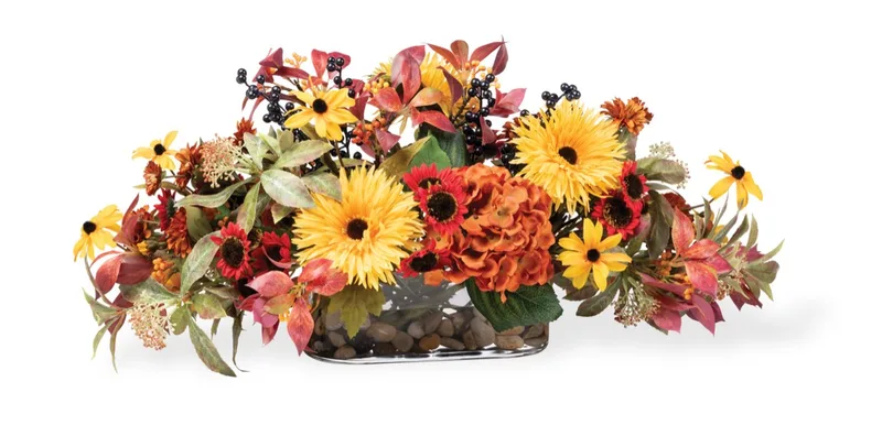 Hydrangea, Zinnia & Daisies silk flower autumn centerpiece, product dimensions