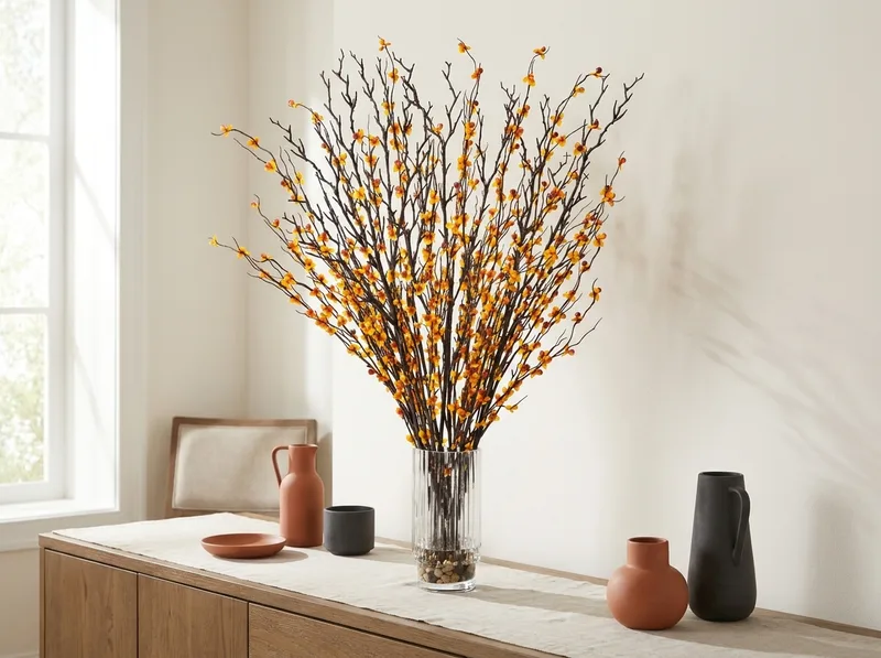 Bittersweet and birch silk arrangement on a sideboard