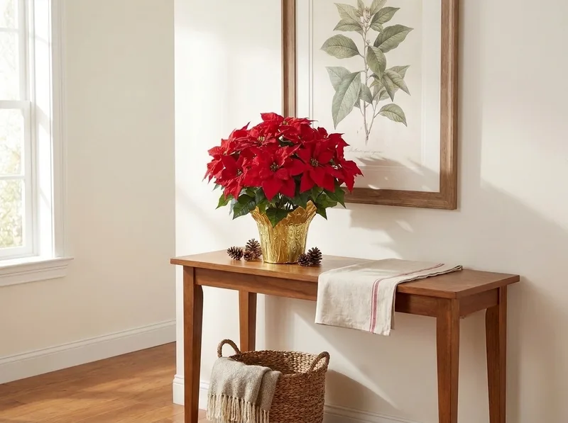 Table top silk poinsettia plant on a hall table