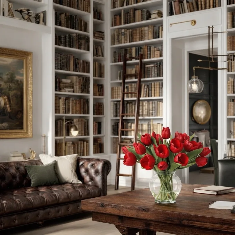 Garden Tulip bouquet in a cozy library setting